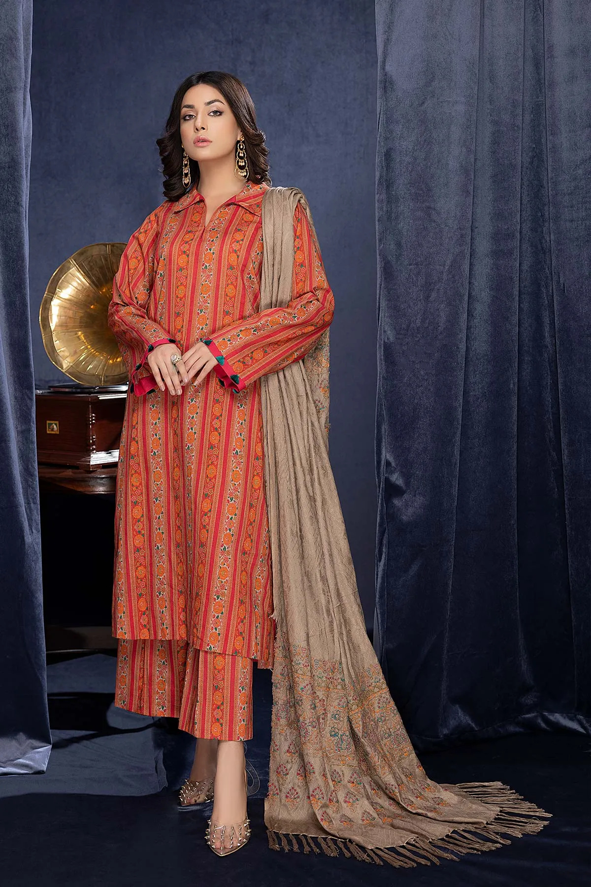 3-Pc Digital Printed Viscose Long Shirt With Pashmina Shawl and Straight Trouser CNP22-125