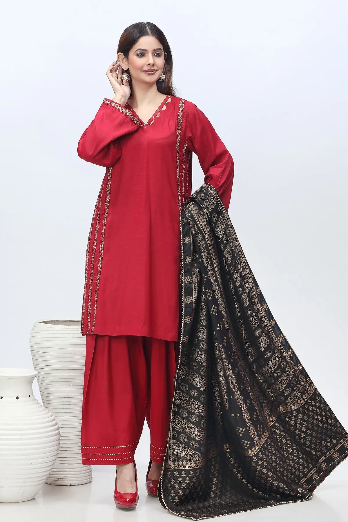 3-PC Embroidered Raw-Silk Shirt with Staple Jacquard Shawl with Trouser CMA-3-281