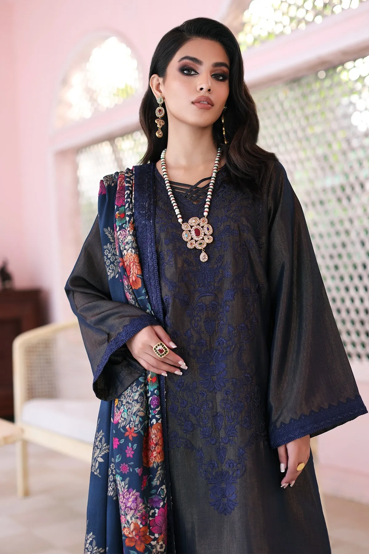 3-Pc Unstitched Embroidered Masori Shirt with Staple Shawl & Dyed Trouser CZW3-02