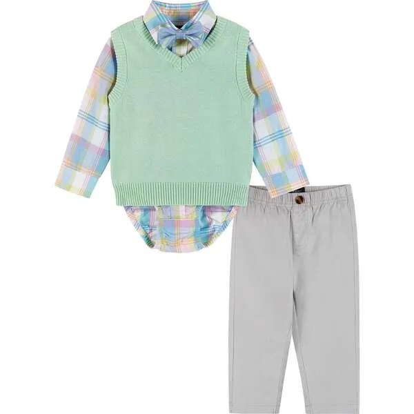 Andy & Evan Infant Plaid Poplin and Sweater Vest Set, Light Green