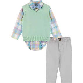 Andy & Evan Infant Plaid Poplin and Sweater Vest Set, Light Green