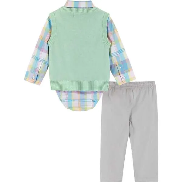 Andy & Evan Infant Plaid Poplin and Sweater Vest Set, Light Green