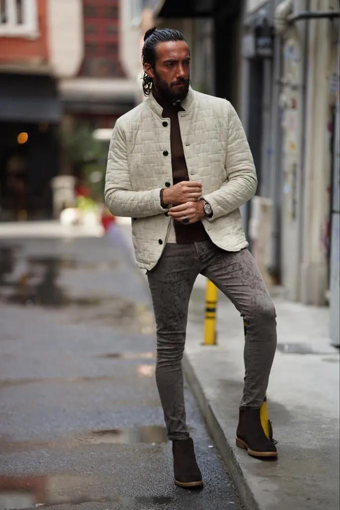 Avion Slim Fit Beige Nubuck Leather Jacket