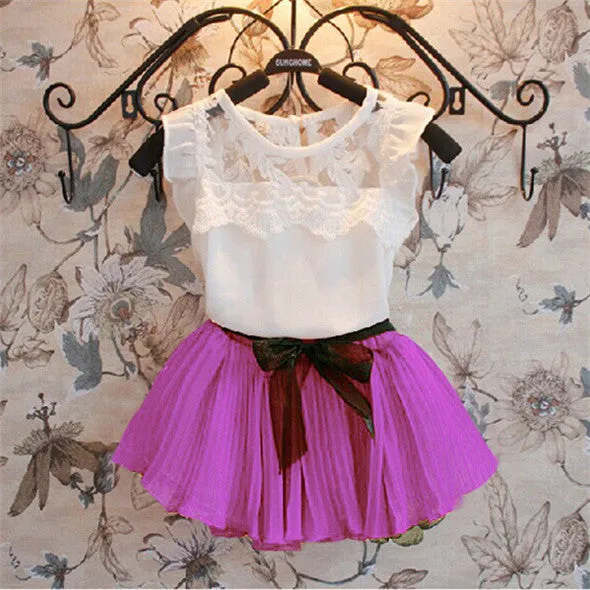 Baby Girls Kids Clothing Sets Chiffon Floral T-shirt Bow Skirts Set Party Tutu Dress 2-6Y Clothes SM6