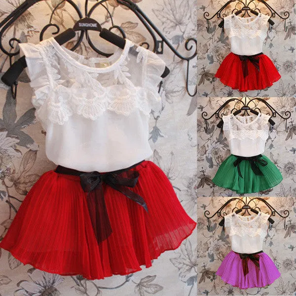 Baby Girls Kids Clothing Sets Chiffon Floral T-shirt Bow Skirts Set Party Tutu Dress 2-6Y Clothes SM6