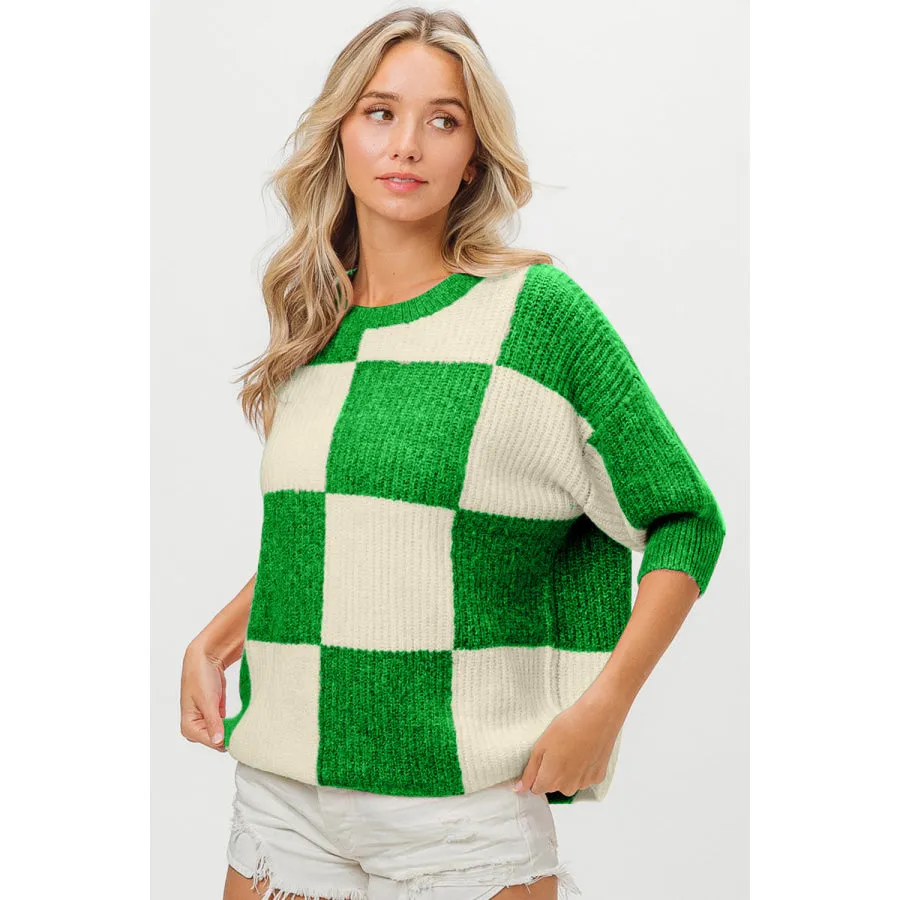 BiBi Checkered Contrast Round Neck Sweater