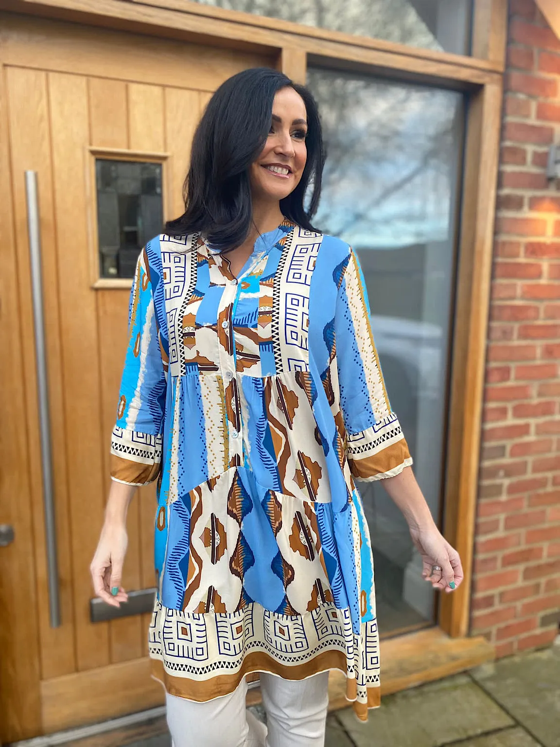 Blue Multi Pattern Flared Sleeve Tunic Doreen