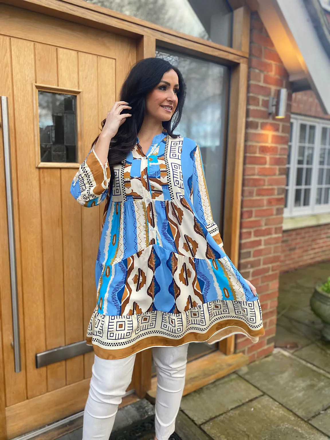 Blue Multi Pattern Flared Sleeve Tunic Doreen