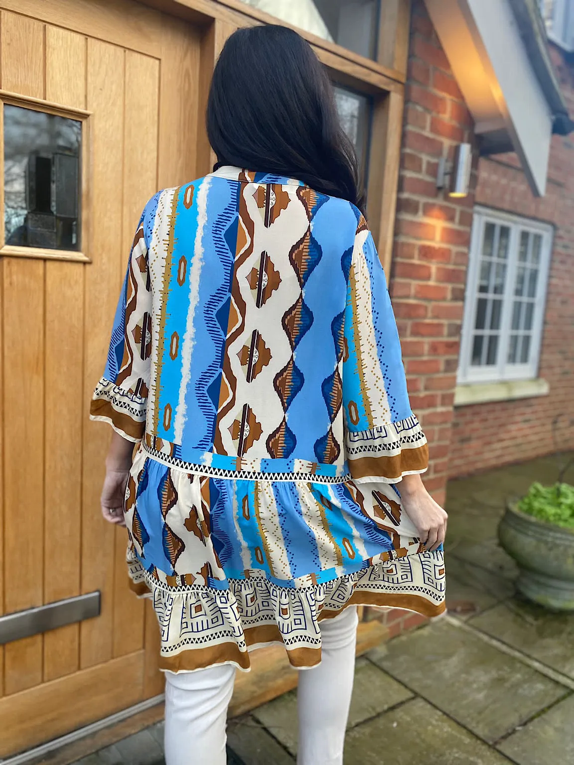 Blue Multi Pattern Flared Sleeve Tunic Doreen