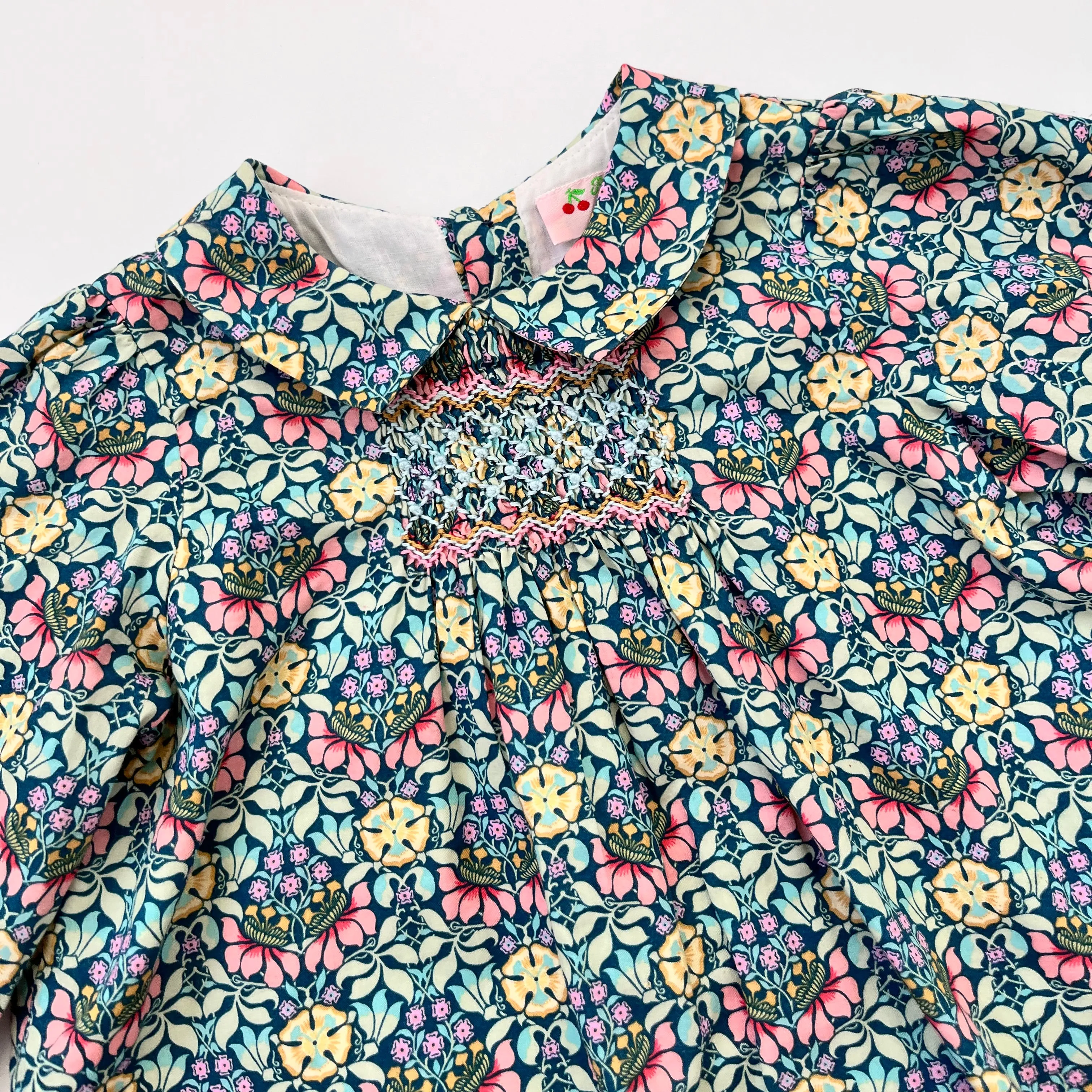 Bonpoint Teal Smocked Liberty Print Dress With Collar: 3 Years