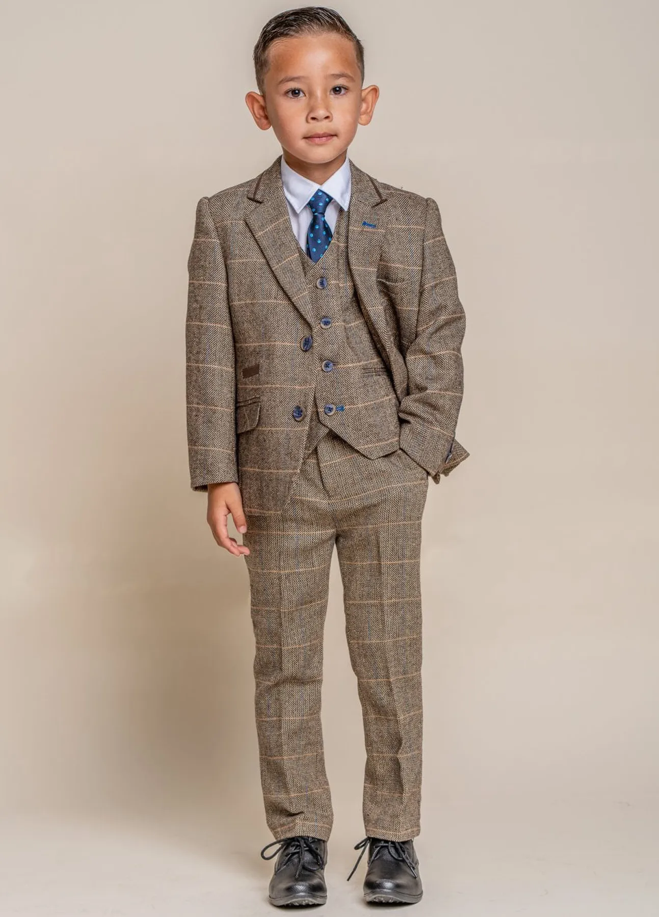 Boys Albert Brown Tweed Check 3 Piece Suit