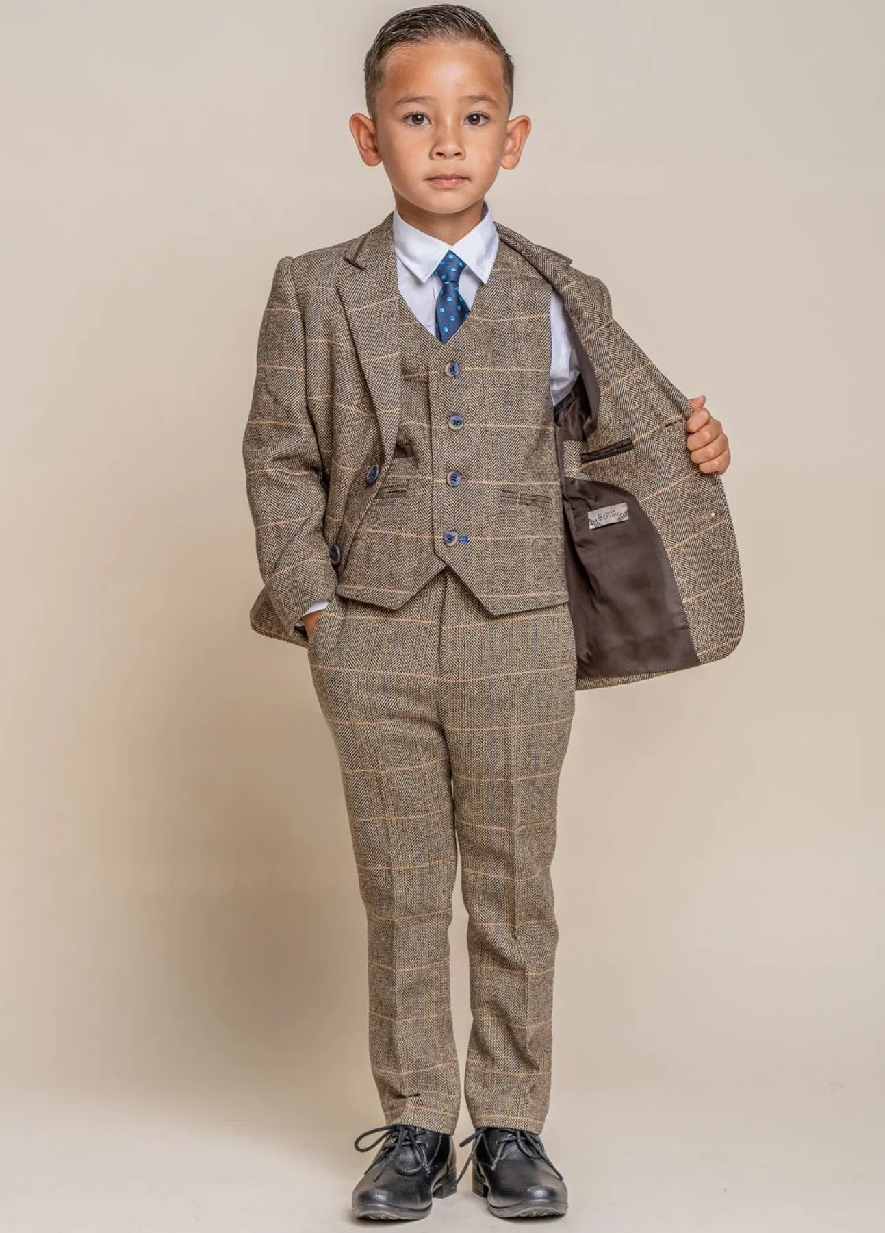 Boys Albert Brown Tweed Check 3 Piece Suit