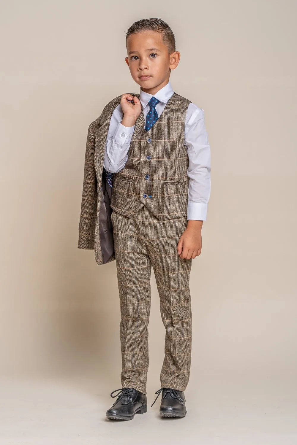 Boys Albert Brown Tweed Check 3 Piece Suit