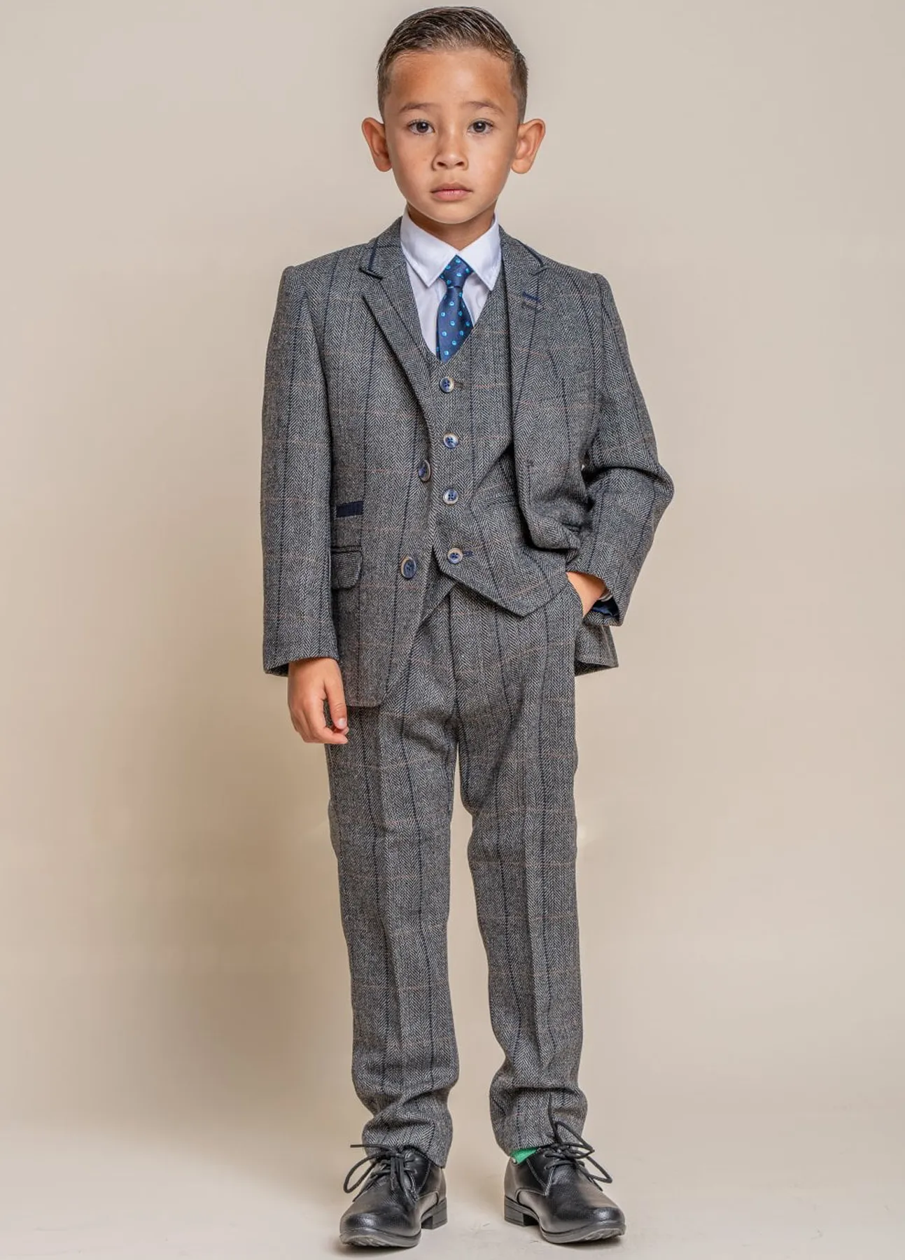 Boys Albert Grey Tweed Check 3 Piece Suit