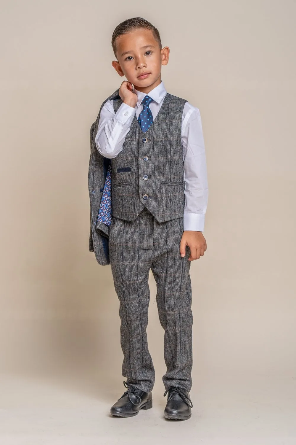 Boys Albert Grey Tweed Check 3 Piece Suit