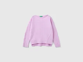 Cable knit sweater in wool blend - Lilac | Benetton