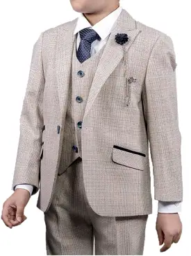 Cavani Caridi Cream Boys 3 Piece Slim Fit Check Suit