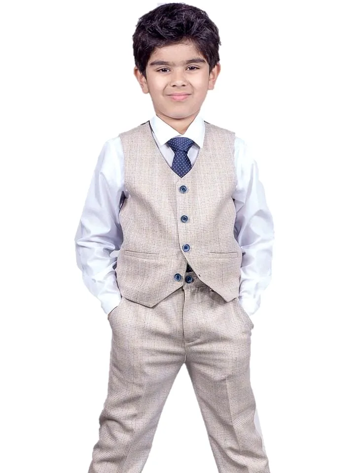 Cavani Caridi Cream Boys 3 Piece Slim Fit Check Suit