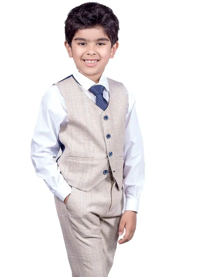 Cavani Caridi Cream Boys 3 Piece Slim Fit Check Suit