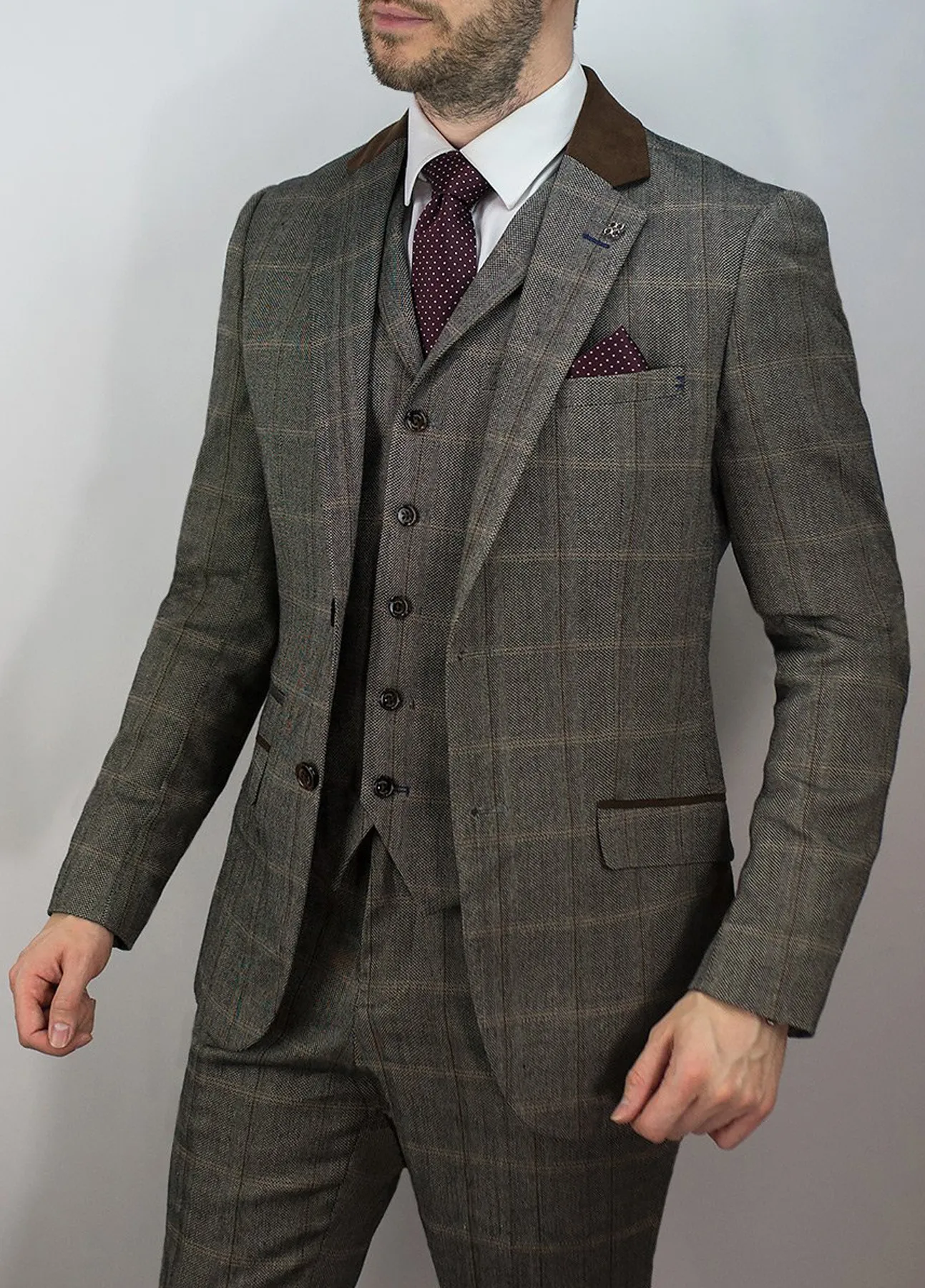 Cavani Check Brown Tweed 3 Piece Slim Fit Suit