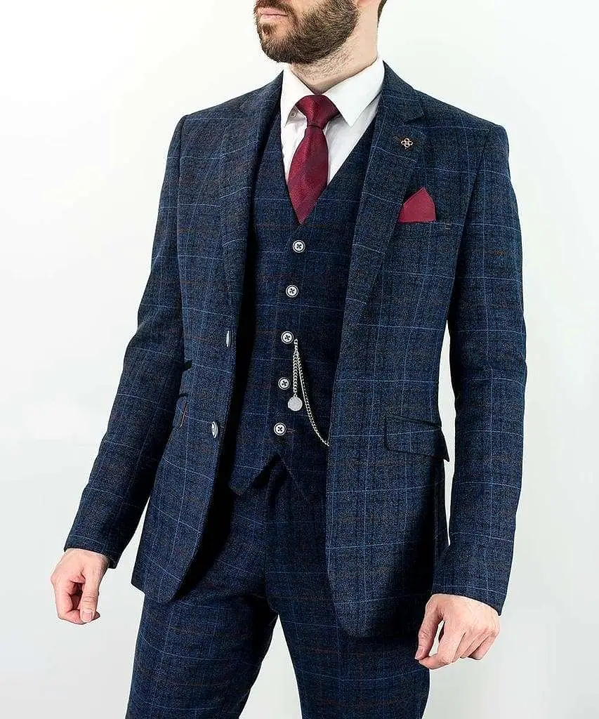 Cavani Cody Men's 3 Piece Blue Check Slim Fit Suit