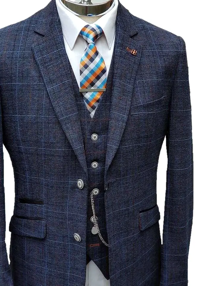 Cavani Cody Men's 3 Piece Blue Check Slim Fit Suit