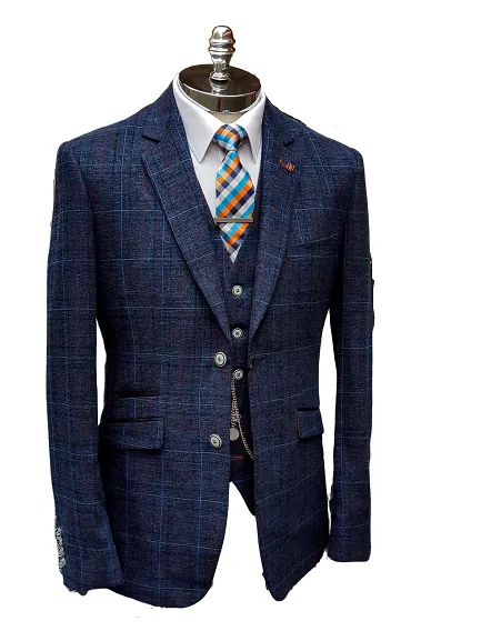 Cavani Cody Men's 3 Piece Blue Check Slim Fit Suit