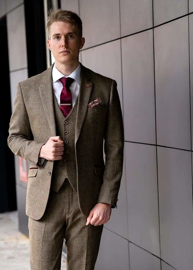 Cavani Gaston Sage Green Three Piece Check Slim Fit Tweed Suit