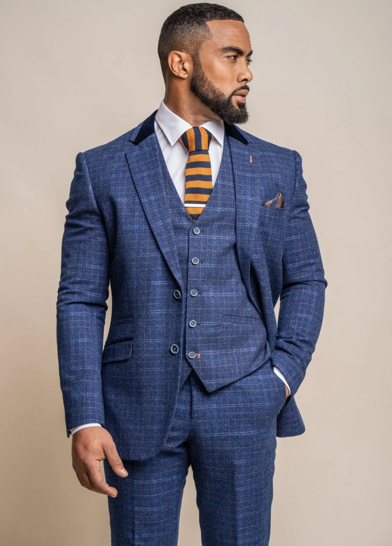 Cavani Kaiser Blue Tweed Check 3 Piece Suit Slim Fit