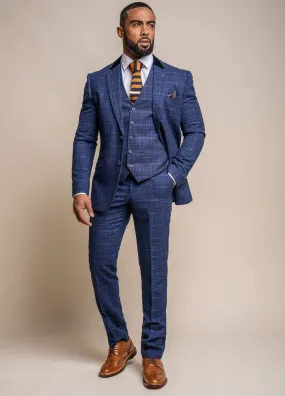 Cavani Kaiser Blue Tweed Check 3 Piece Suit Slim Fit