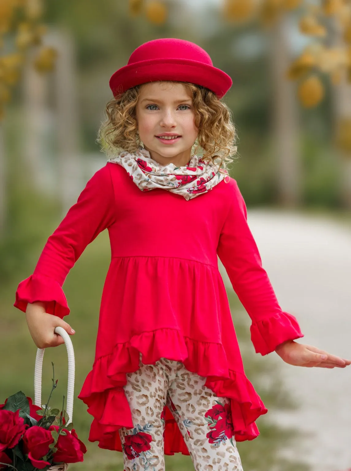 Cherry Floral Animal Print Tunic, Legging And Scarf Set