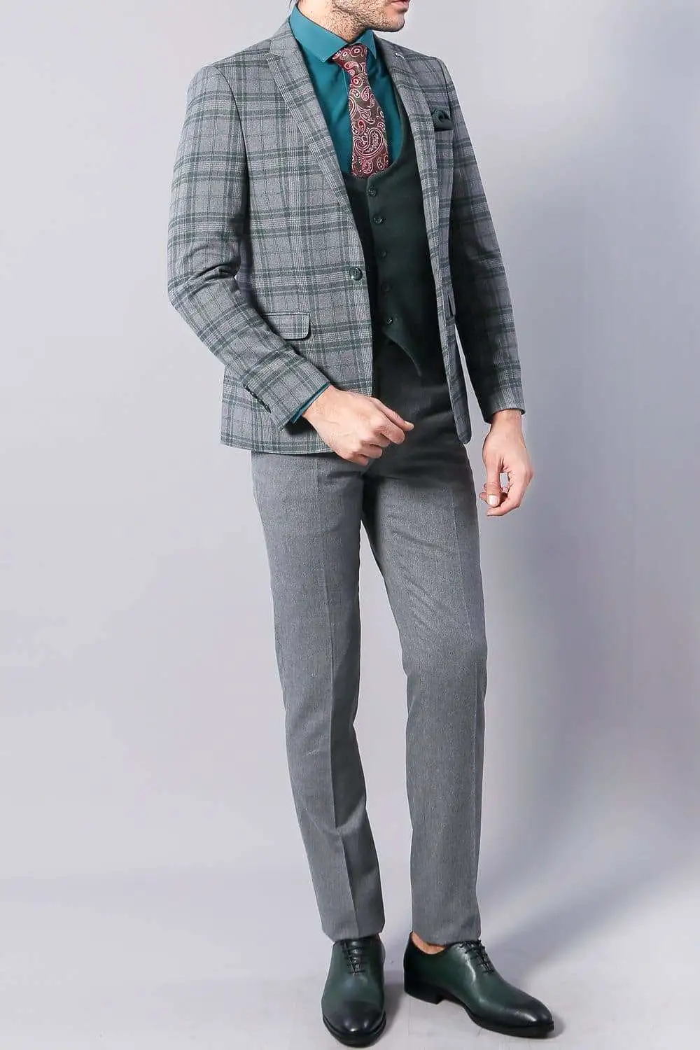 Dex Men's 3 Piece Sage Tweed Check Style Slim Fit Suit