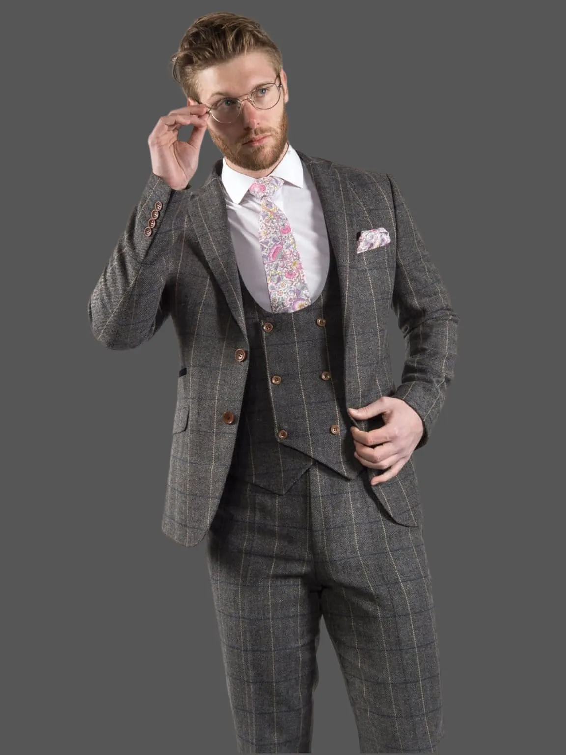 Ezra Men's  Grey Herringbone Slim Fit Tweed Blazer