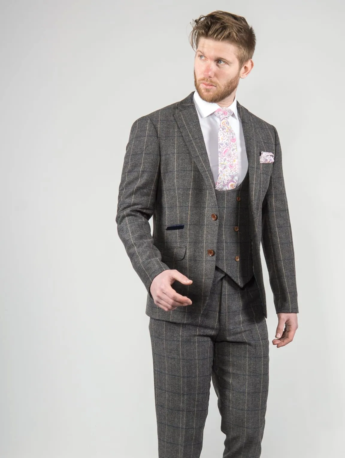 Ezra Men's  Grey Herringbone Slim Fit Tweed Blazer