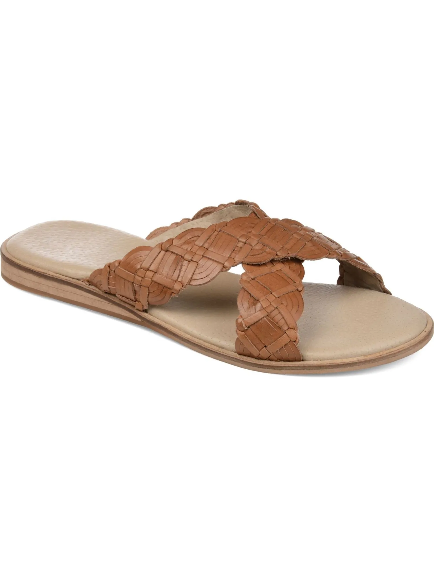 JOURNEE SIGNATURE Womens Brown Crisscross Straps Braided Cushioned Bryson Open Toe Slip On Leather Slide Sandals Shoes