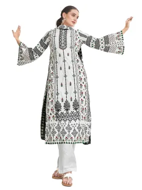 Ladyline Women's Black & White Printed Cotton Salwar Kameez with Embroidery,Pants,Cotton Dupatta