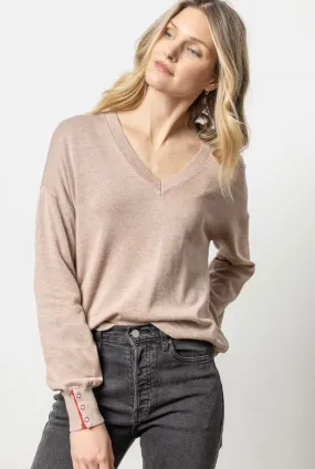 Lilla P Long Sleeve Snap Cuff V-Neck Sweater