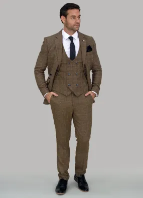 Men’s Cavani Check Brown Tan Tweed 3 Piece Suit