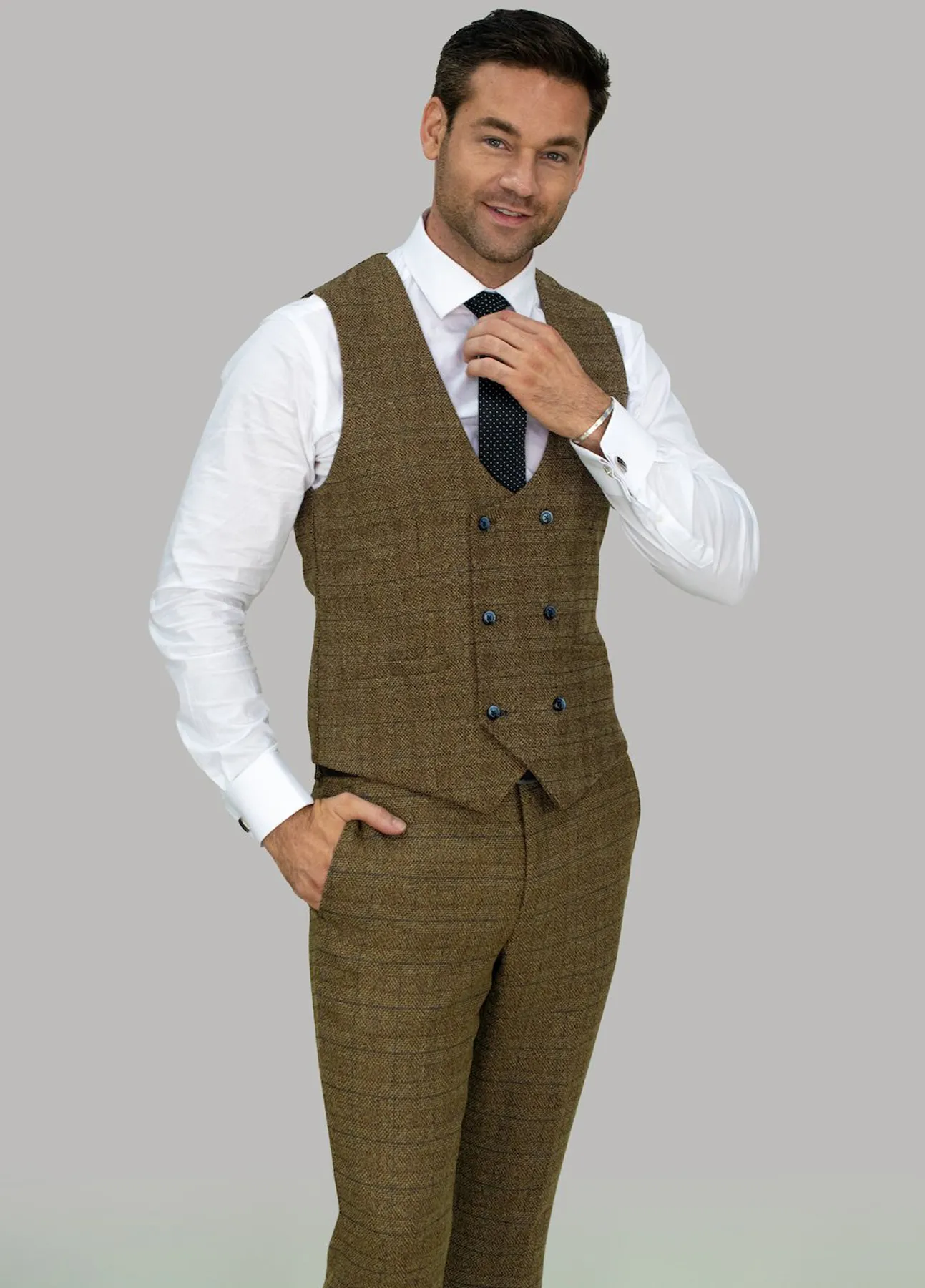 Men’s Cavani Check Brown Tan Tweed 3 Piece Suit