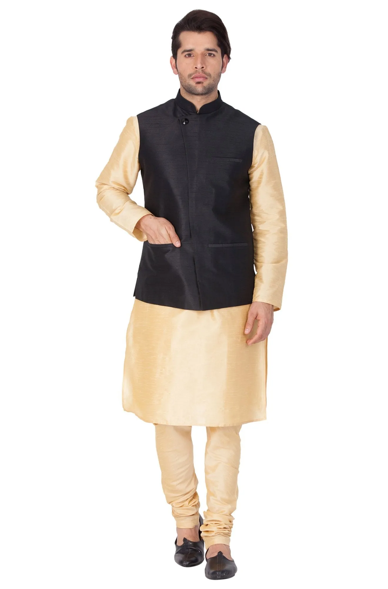 Men's Gold Cotton Silk Blend Kurta, Ethnic Jacket and Pyjama Set