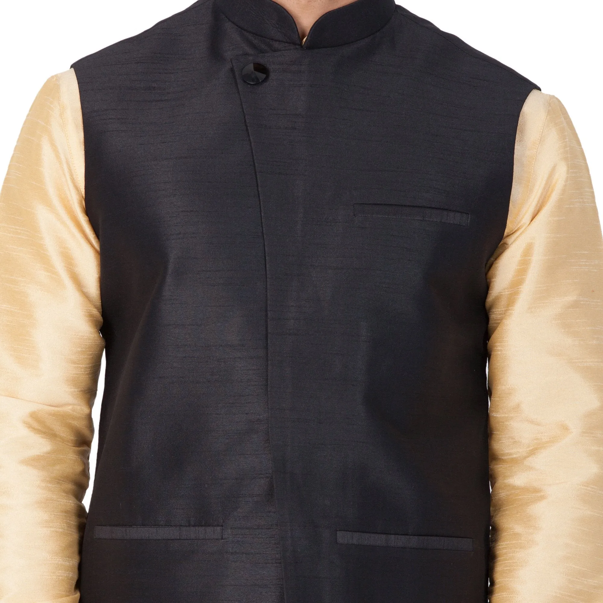 Men's Gold Cotton Silk Blend Kurta, Ethnic Jacket and Pyjama Set