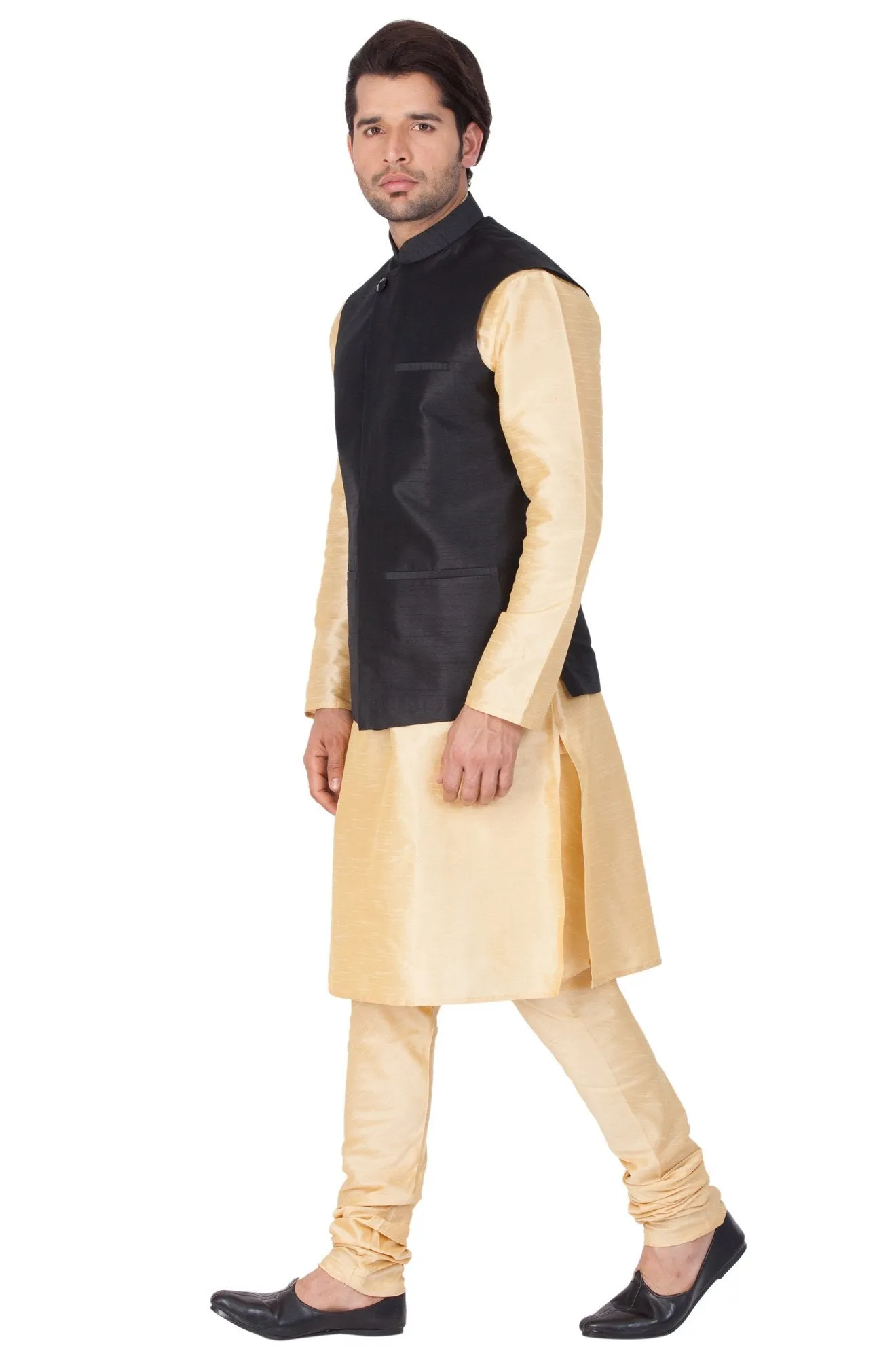 Men's Gold Cotton Silk Blend Kurta, Ethnic Jacket and Pyjama Set