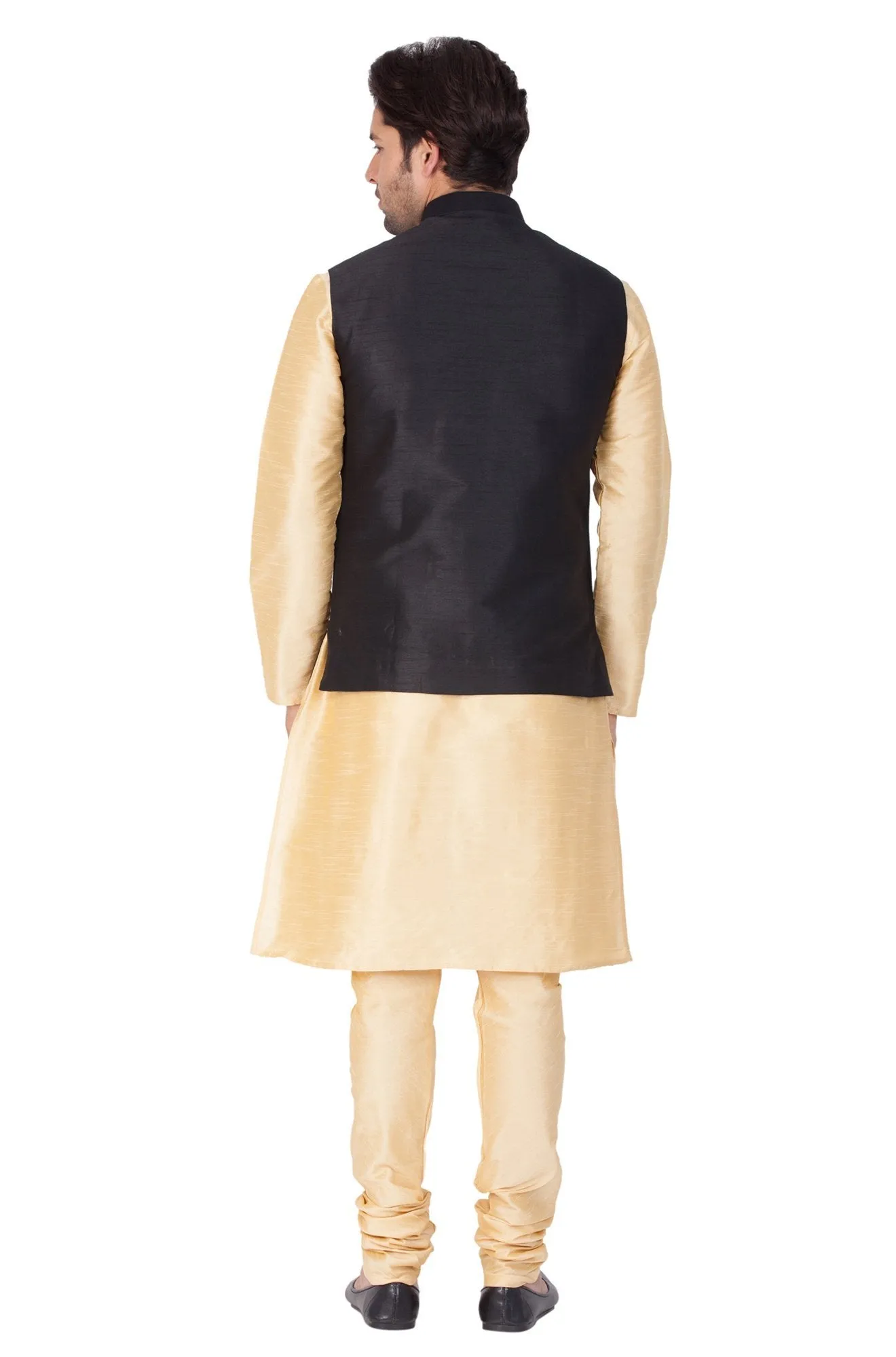 Men's Gold Cotton Silk Blend Kurta, Ethnic Jacket and Pyjama Set