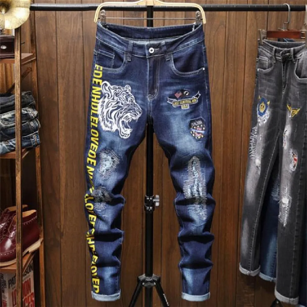 Men's Hip Hop Style Hole Patch Embroidery Mid Waist Straight Leg Jeans