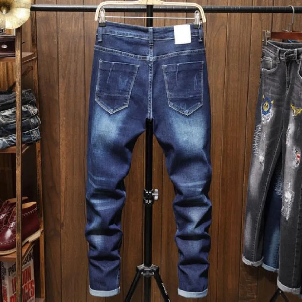 Men's Hip Hop Style Hole Patch Embroidery Mid Waist Straight Leg Jeans