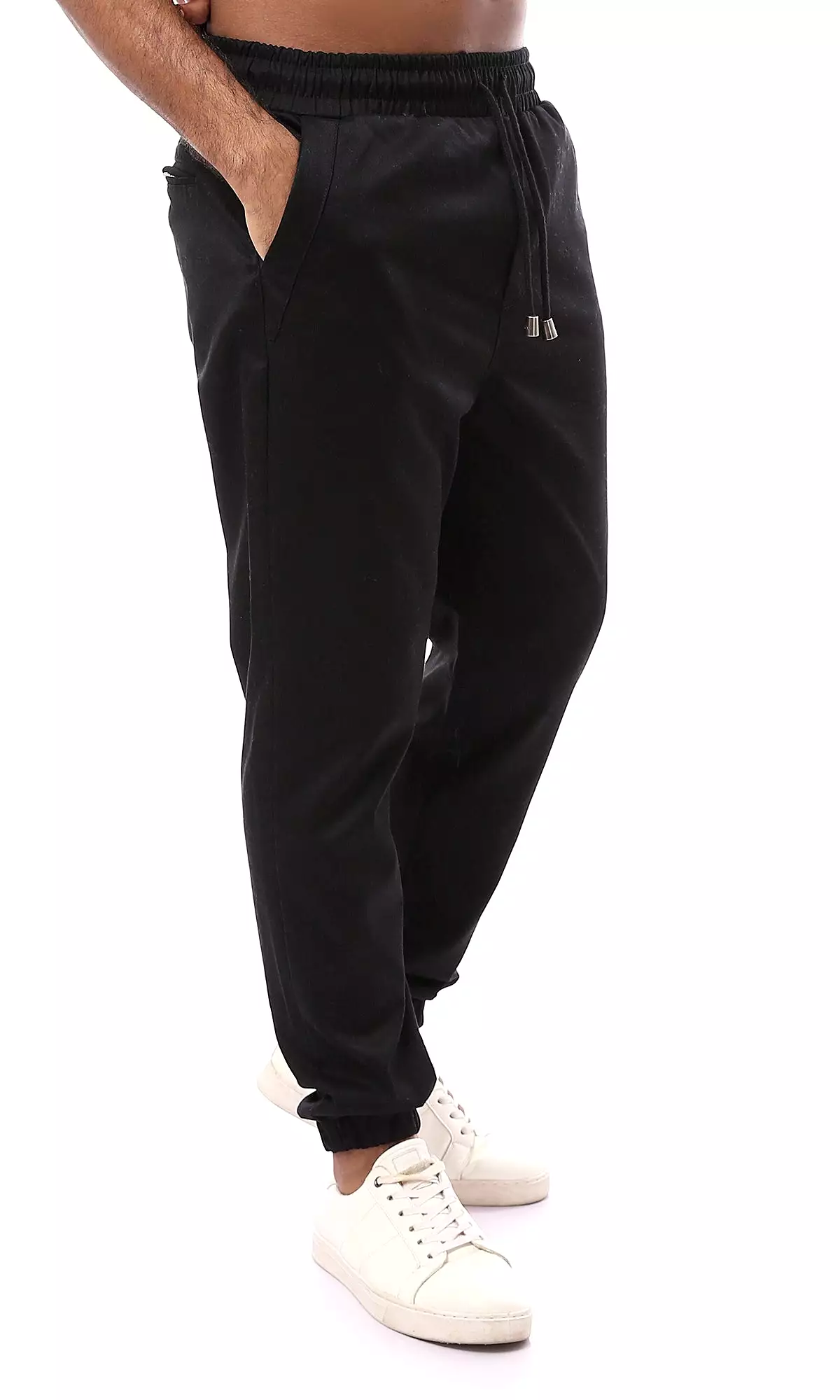 O161106 Elastic Waist With Drawstring Black Jogger Pants