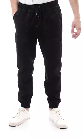 O168513 Elastic Waist With Drawstring Black Jogger Pants