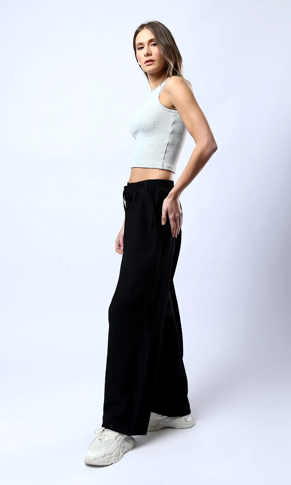 O179837 Wide Leg Black Pants With Elastic Waist