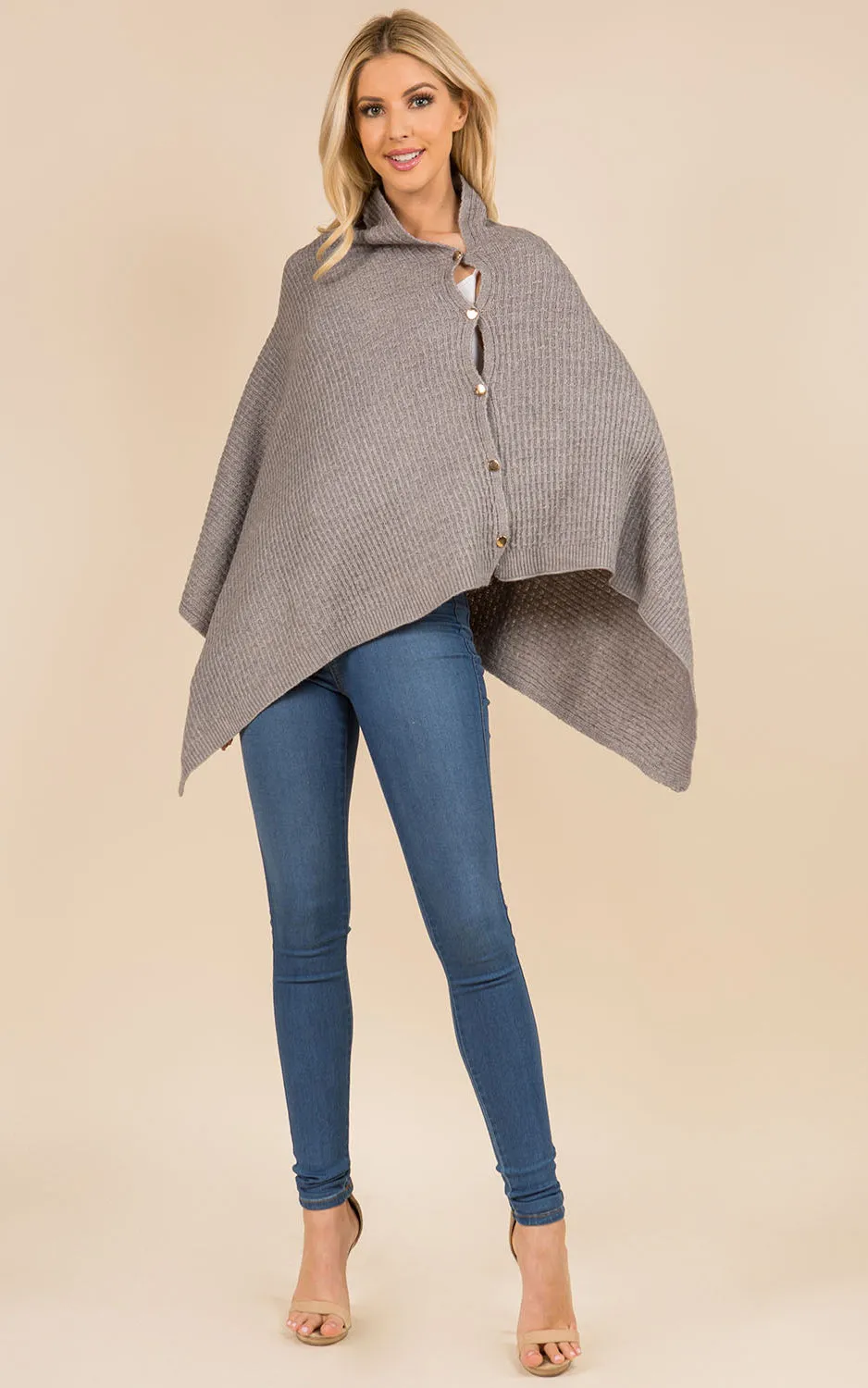 PA3314 Knitted Scarf Poncho Sweater with Buttons