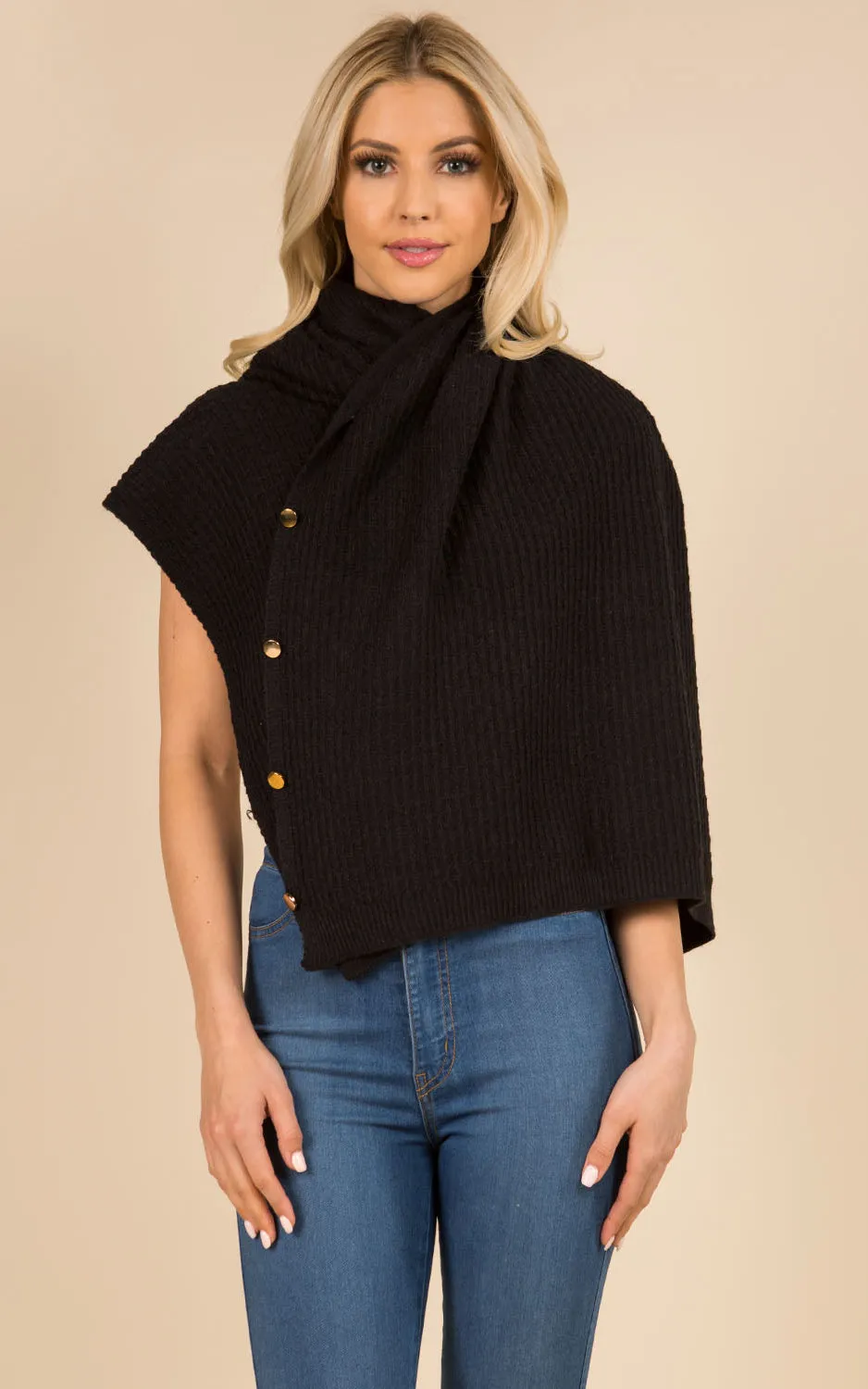 PA3314 Knitted Scarf Poncho Sweater with Buttons